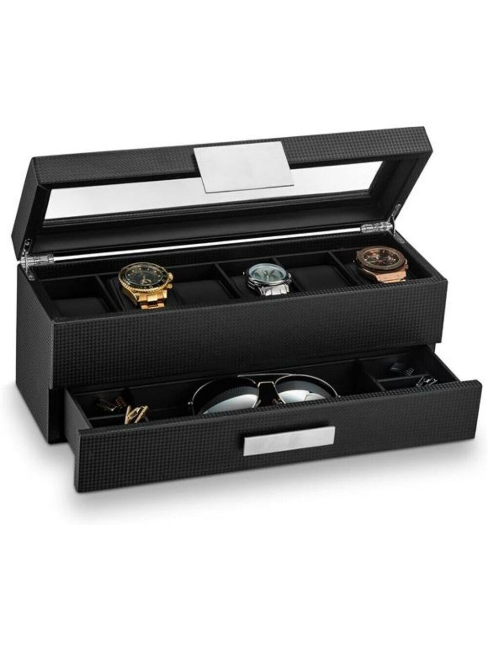Glenor Co Watch Box for Men 6 Slot Display Organizer with Valet Drawer Case